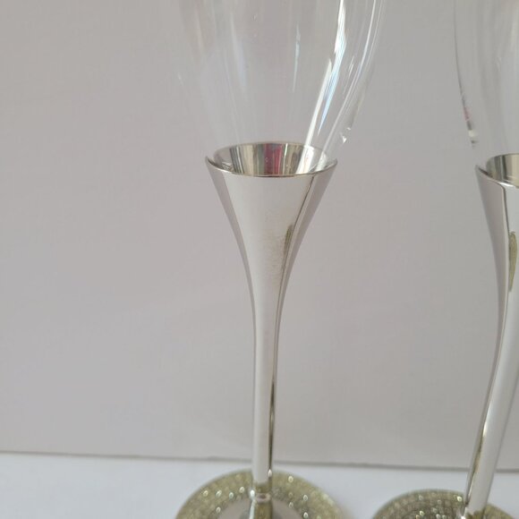Bowring Elegant Crystal Champagne Flutes With Silver Stem & Rhinestone Base - Picture 4 of 9